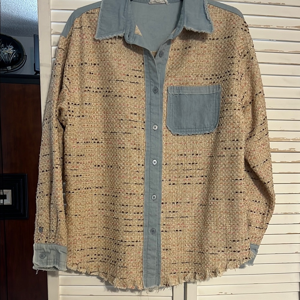Tan and Denim Blue Button-Up Shirt or wear as a Jacket - Unique Top- Small